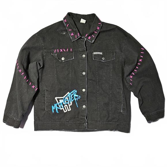 monster high Jackets & Blazers - Monster High Black Denim Jacket XL Pink Stitching Graphic Print Spirit Halloween